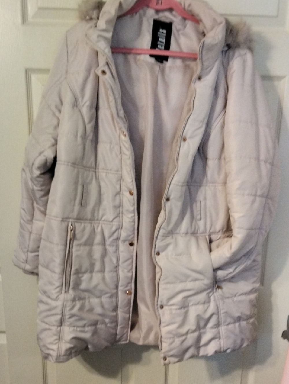 Light Beige Quilted Women's Puffer Coat with Faux Fur Hood